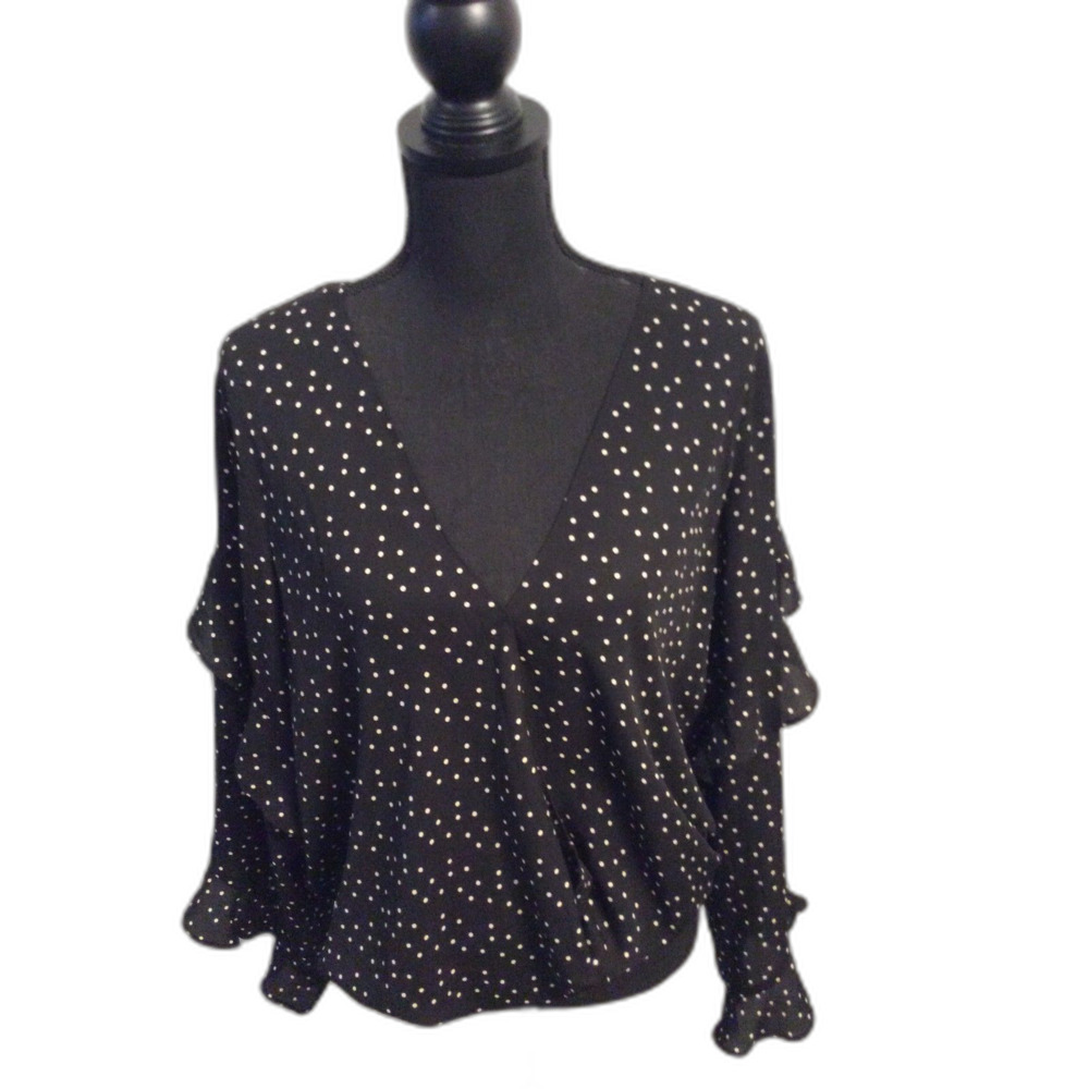 Max Studio Size XL Black White Polka Dot V Neck Top Layered Long Sleeves